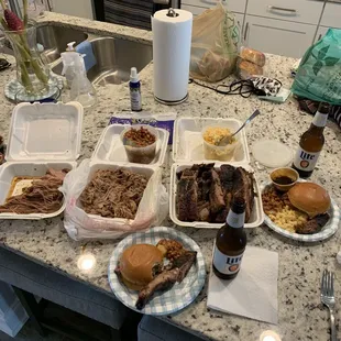 Briskest, Pork, Ribs, Beans, Mac-n - Cheese beverage of choice ... breakfast lunch and dinner left overs lol