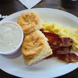 ows bacon, biscuits, eggs, and biscuits