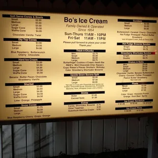 Bo's Ice Cream menu