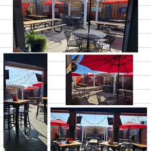 a variety of tables and umbrellas