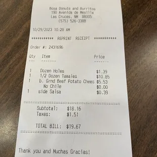 a receipt for a restaurant
