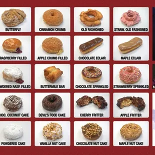 Some of the donuts we specialize in and drinks available at our shop!