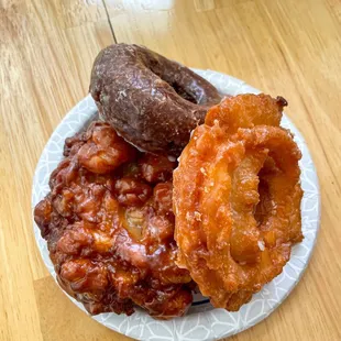 Apple fritter, chocolate, old fashioned donut