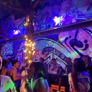 a group of people standing in a bar