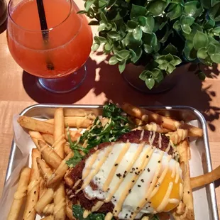 Raspberry Mango mimosa and crab cake for brunch!