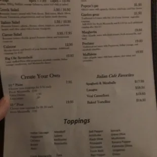 a pizza menu