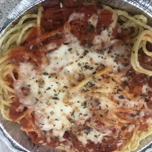 Baked Spaghetti- hard Spaghetti cheese was cold and one piece from sitting for an extended period.