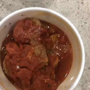 Side of sausage. Cold and metallic tasting