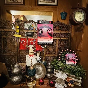 a wooden table with various items on it