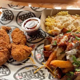 tu pac tenders + bbq + loaded fries + queso mac
