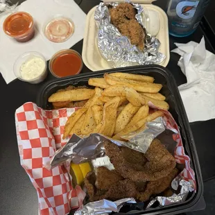 This was the catfish and fries and the chicken wings.