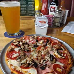 Personal pizza. Skip the sausage (bland) otherwise good!