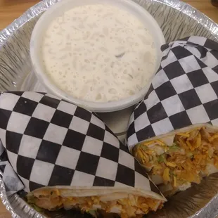 two burritos and a side of rice