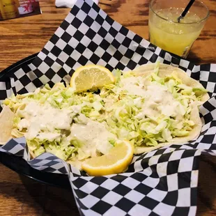 Shrimp tacos and a screwdriver - yes there are shrimp in there, and they were good!