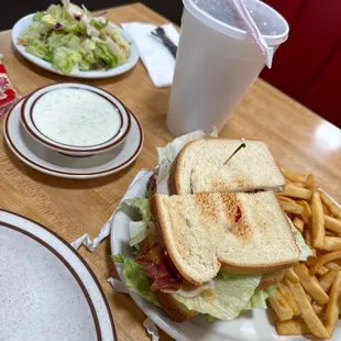 American Club with French Fries along with a side salad (just bagged lettuce). $15 for the sandwich, $4 for the Side Salad