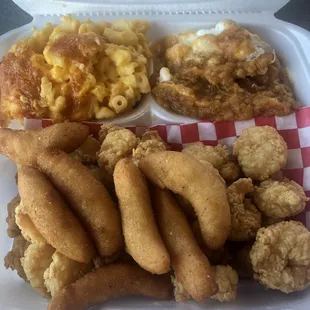 Mac &amp; Cheese, Sweet Potatoes, Fried Shrimp, Hush Puppies