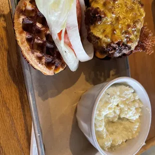 Burger with cheddard chaffle bun and cauliflower "potato" salad