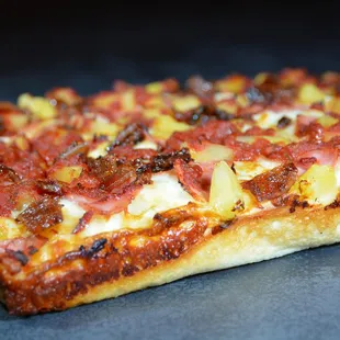 a closeup of a pizza