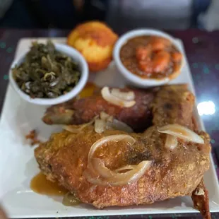 Gabby&apos;s Fried Turkey Wings potato salad and greens