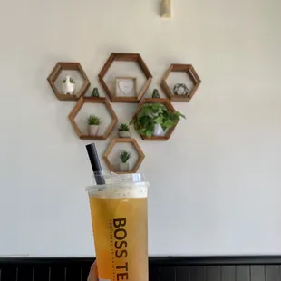 a person holding a glass of iced tea