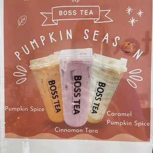 three cups of pumpkin spice, cinnamon taro, and pumpkin spice