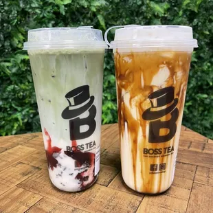 Strawberry Matcha w/ add-on of Oreo Crumbs &amp; Brown Sugar Latte w/ no boba