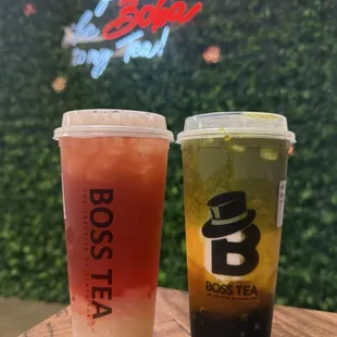 Strawberry green tea with lychee jelly and mango matcha with boba