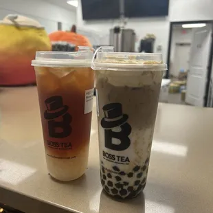 Wintermelon black tea with coconut jelly and Tiramisu coffee late with boba