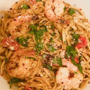 Seafood Rosada Pasta takeout plated by Me. Added more parsley and chili.