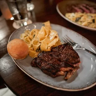 NY strip and pasta