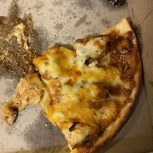 bBQ chicken pizza- good with less sauce! And needs some onions!