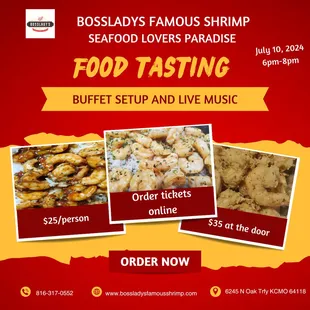 Book a ticket and come enjoy our buffet food tasting!