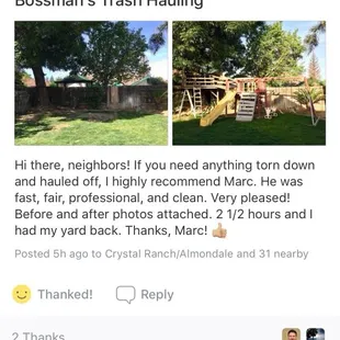 This a swing set and tree house demo Bossman's Trash Hauling completed.