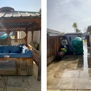 Before and after of a spa and gazebo demo and removal job we did.