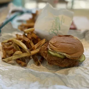a chicken sandwich and french fries