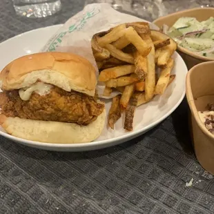 Chicken sandwich no pickles and fries..