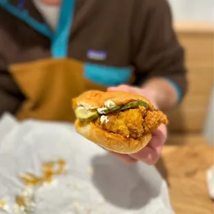 a person holding a sandwich