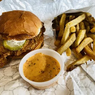 Beaut sandwich, fries, and extra bossy sauce.
