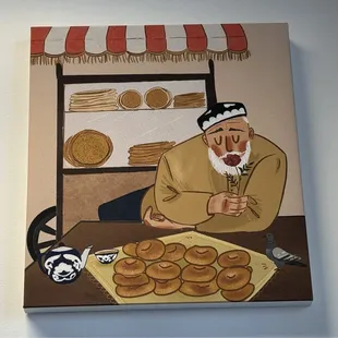 a painting of a man making donuts