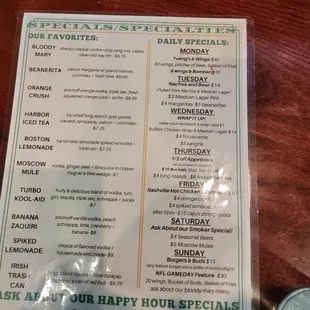 Liquor and happy hour menu