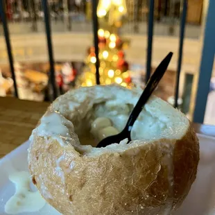 New England Clam Chowder in a Bread Bowl ($~11)