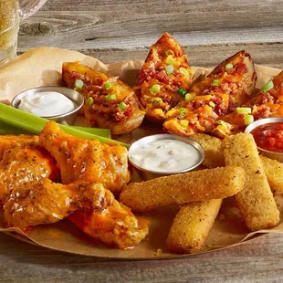 Chicken wings, mozzarella sticks, fries, onion rings, toasted ravioli...
