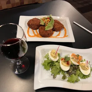 Deviled eggs and crab cakes with a nice Merlot, delicious comfort food