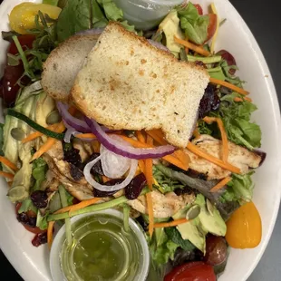 Great salad with avocado and grilled chicken pesto salad dressing delicious