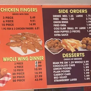 the menu and prices