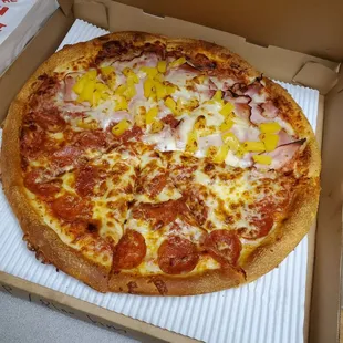 Half Pepperoni extra cheese half pineapple and ham