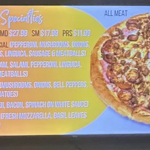 a menu for a pizza