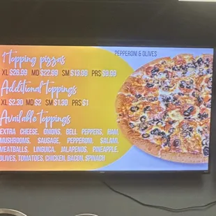a menu for pizza
