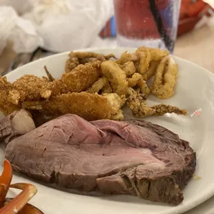 Prime rib, fried shrimp, and fried calamari.