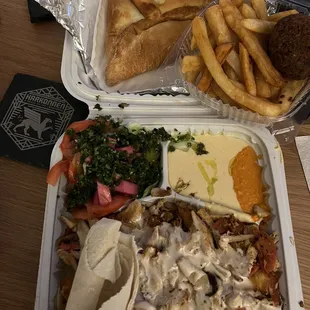 Spinach Pie, shawarma plate, French Fries, Falafel